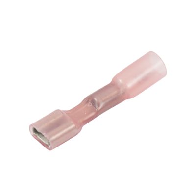 Transparent pink heat shrink and solder push-on terminal for secure electrical connections.