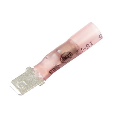 Lead-free red male push-on terminal with heat shrink and solder features for 22-18 gauge wiring.
