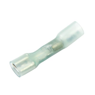 Lead-free blue female heat shrink and solder terminal, fully insulated for wire connection, 16-14 gauge compatibility.
