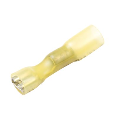 Yellow lead-free heat shrink solder terminal, female push-on type, fully insulated for 12-10 gauge wires.