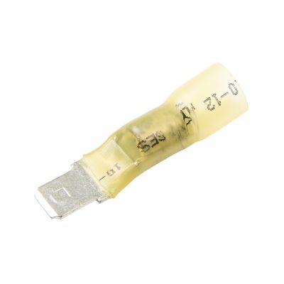 Yellow lead-free heat shrink solder terminal, male push-on, showcasing sturdy design for 12-10 gauge wires.
