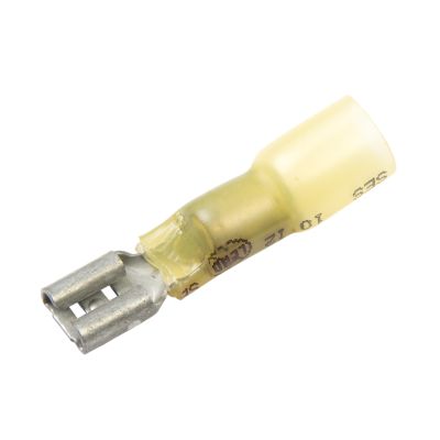 Yellow lead-free heat shrink and solder push-on terminal, female, suitable for 12-10 gauge wire applications.