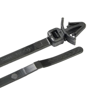 Black push-mount cable ties with UV resistant material, featuring a secure locking mechanism and textured body.