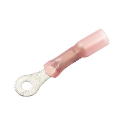 Lead-free red heat shrink crimp and solder ring terminal for 6 stud, 22-18 gauge wires.