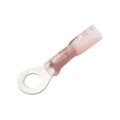 Lead-free red ring terminal with heat shrink, crimp, and solder features, suitable for 22-18 gauge applications.