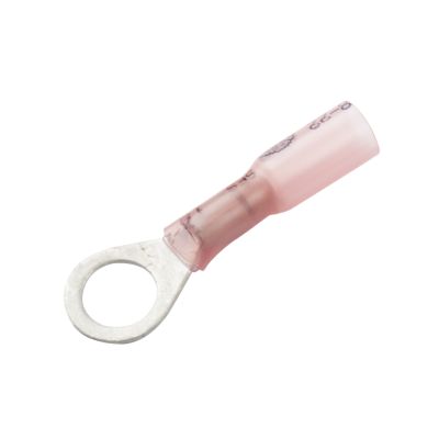Lead-free red ring terminal with heat shrink, crimp, and solder capabilities for 22-18 gauge wires.