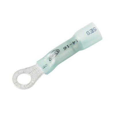 Lead-free blue heat shrink ring terminal with crimp and solder capabilities, suitable for 10 stud applications.