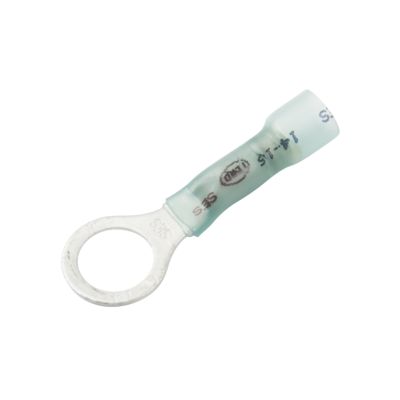 Blue lead-free heat shrink ring terminal for 16-14 gauge wires, featuring crimp and solder design.
