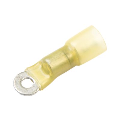 Yellow lead-free heat shrink ring terminal for 12-10 gauge wires, featuring a crimp and solder design with a 6 stud hole.