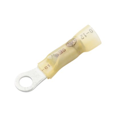 Yellow NSPA MLF110-10L lead-free heat shrink ring terminal for 12-10 gauge wire, crimp, and solder connection.