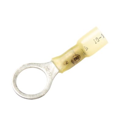 Yellow lead-free heat shrink ring terminal with crimp and solder features for 1/2" stud, ideal for 12-10 gauge wires.