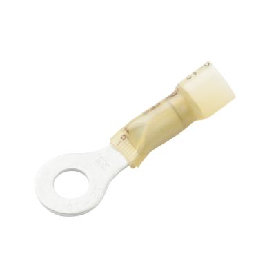 Lead-free yellow heat shrink ring terminal with crimp and solder features, suitable for 12-10 gauge wires.