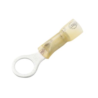 Yellow lead-free heat shrink ring terminal with crimp and solder features for 12-10 gauge wiring.