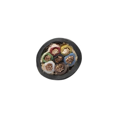 Trailer cable with seven colored wires: 12-Ga-White, Brown, Lt. Blue/14-Ga-Red, Lt. Green, Black, and Yellow, encased in a black sheath.