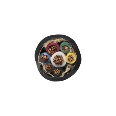 Trailer cable with seven colored wires: 12-Ga-Dark Green, Brown, Black, Yellow/10-Ga-Red, Lt. Blue/8-Ga-White, encased in a black sheath.
