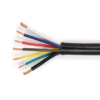 Trailer cable with seven colored wires: 14 Ga-Red, Brown, Yellow, Green/12-Ga-Blue/10-Ga-Black, White, encased in a black sheath.