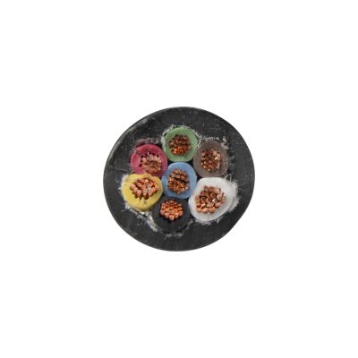 Trailer cable with seven colored wires: 12 Ga-Red, Brown, Yellow, Lt. Green, Black, Lt. Blue/10-Ga-White, encased in a black sheath.