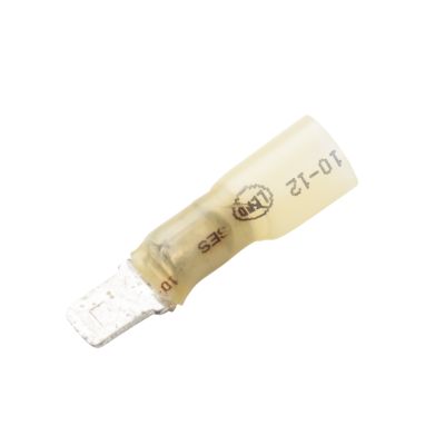 Lead-free yellow heat shrink push-on terminal, male connector, crimp and solder compatible, suitable for 12-10 gauge wires.