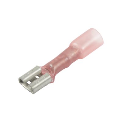 Heat shrink solder and crimp push-on terminal, showcasing its insulated pink sleeve and metallic connectors.