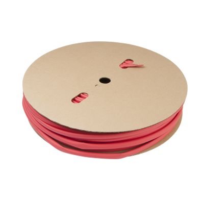 Red dual wall shrink tube spool with cardboard reel, ideal for electrical insulation and protection applications.