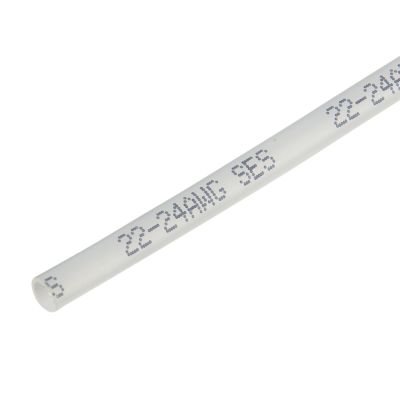 Clear translucent shrink tube with printed specifications on its surface. Ideal for 24-22 gauge wiring insulation applications.