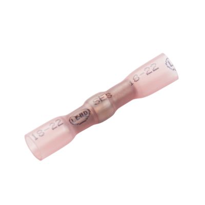 Lead-free red heat shrink butt connector with crimp and solder features for 22-18 Ga wires, NSPA MLF5-16 design.