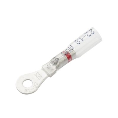 Clear-view heat shrink and crimp ring terminal with red stripe, 6 stud, suited for 22-18 gauge wires.

