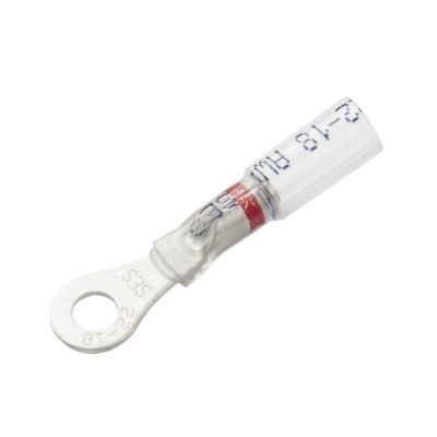 Clear-view heat shrink crimp ring terminal with red stripe, suitable for 8 stud, 22-18 gauge wires.