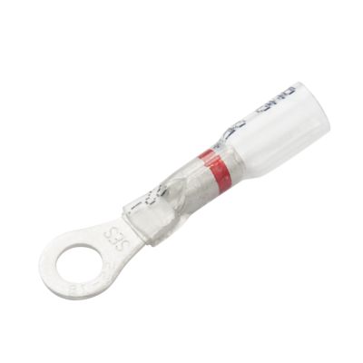 Clear-view heat shrink crimp ring terminal with red stripe for electrical connections, featuring 10 stud compatibility.