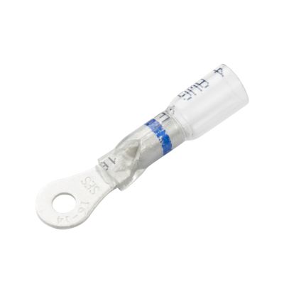 Clear-view heat shrink crimp ring terminal with blue stripe, featuring transparent insulation for electrical use.