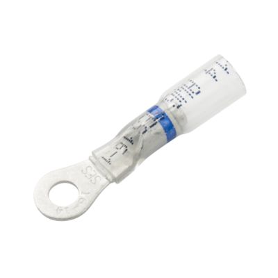 Clear-View heat shrink and crimp ring terminal with blue stripe for electrical connections, ideal for 16-14 gauge wires.