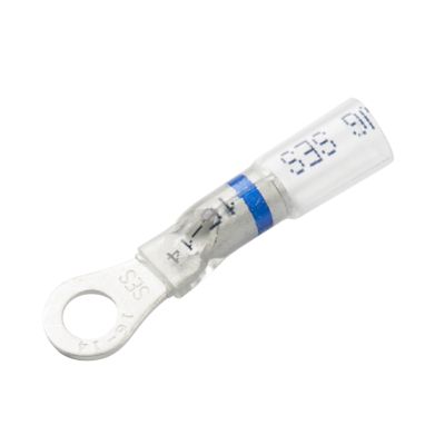 Clear-view heat shrink crimp ring terminal with blue stripe, designed for 10 stud connections, suitable for 16-14 gauge wire.
