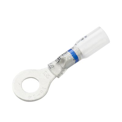 Clear-view heat shrink and crimp ring terminal with blue stripe, designed for electrical connections and insulation.