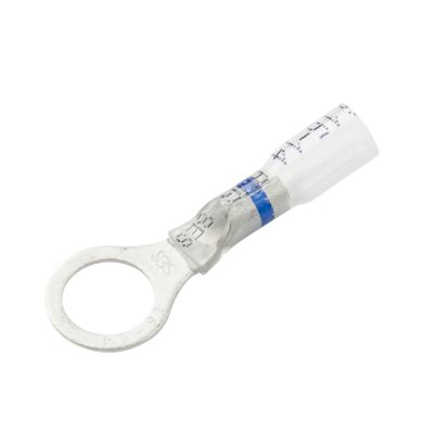 Clear-View heat shrink crimp ring terminal with blue stripe for electrical connections, NSPA OS114-38.