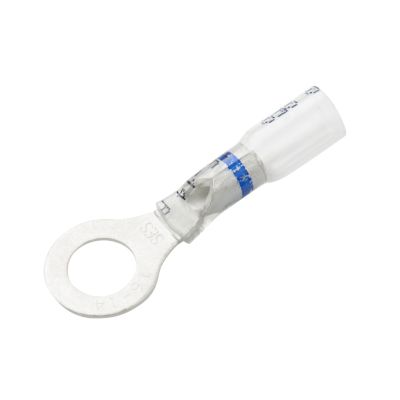 Clear-view heat shrink and crimp ring terminal with blue stripe, showcasing durable construction for secure connections.