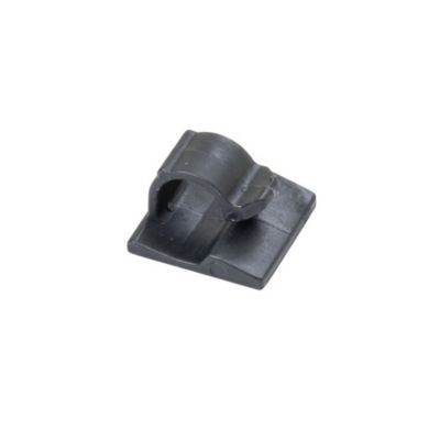 Black plastic cable clamp on a flat base, designed for secure cable management and organization.