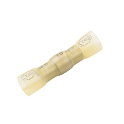 Yellow lead-free heat shrink butt connector for 12-10 gauge wires, featuring crimp and solder design.