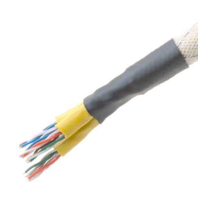 Black Viton flexible shrink tubing on multicolored wires, demonstrating insulation and protection features.