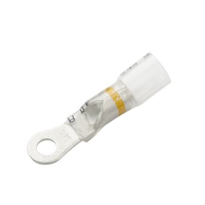 Clear-view heat shrink crimp ring terminal with yellow stripe for 8 stud, suitable for 12-10 gauge wiring.