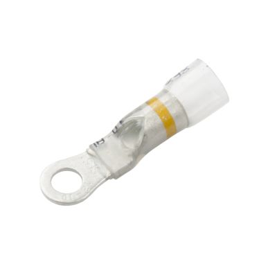 Clear heat shrink crimp ring terminal with yellow stripe, NSPA OS110-10, for 12-10 gauge wiring connections.
