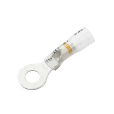 Clear-view heat shrink crimp ring terminal with yellow stripe for gauge wires, featuring a durable metal ring and transparent sleeve.