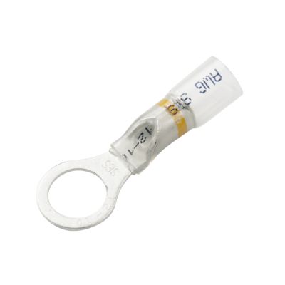 Clear-view heat shrink crimp ring terminal with yellow stripe for 12-10 gauge wiring, featuring a circular metal connector.