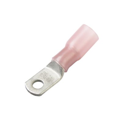 Red heat shrink and crimp lug ring terminal for 10 stud, used for electrical connections, showcasing durable design.