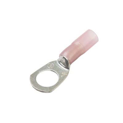 Red heat shrink and crimp lug ring terminal with metal loop and insulated coating for electrical connections.