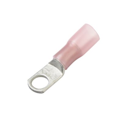 Heat shrink crimp lug ring terminal, red, for electrical connections.