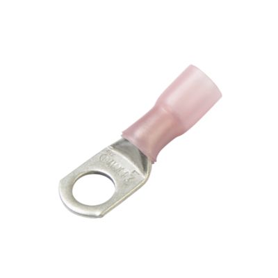 Red heat shrink and crimp lug ring terminal for electrical connections.