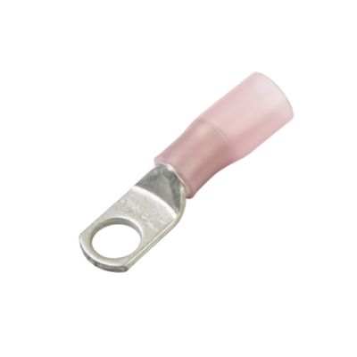 Red heat shrink crimp lug style ring terminal with metal connector and insulating sleeve for electrical wire connections.