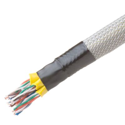 Kynar semi-rigid shrink tubing protecting colored electric wires with a braided exterior.