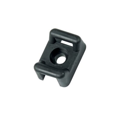 Black cable tie screw mount with a central hole for #8 screw, designed for 2-way cable management.