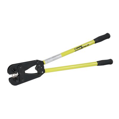 Heavy duty hex crimp tool with adjustable heads, featuring yellow handles and black grip. Ideal for 6-4/0 gauge cables.